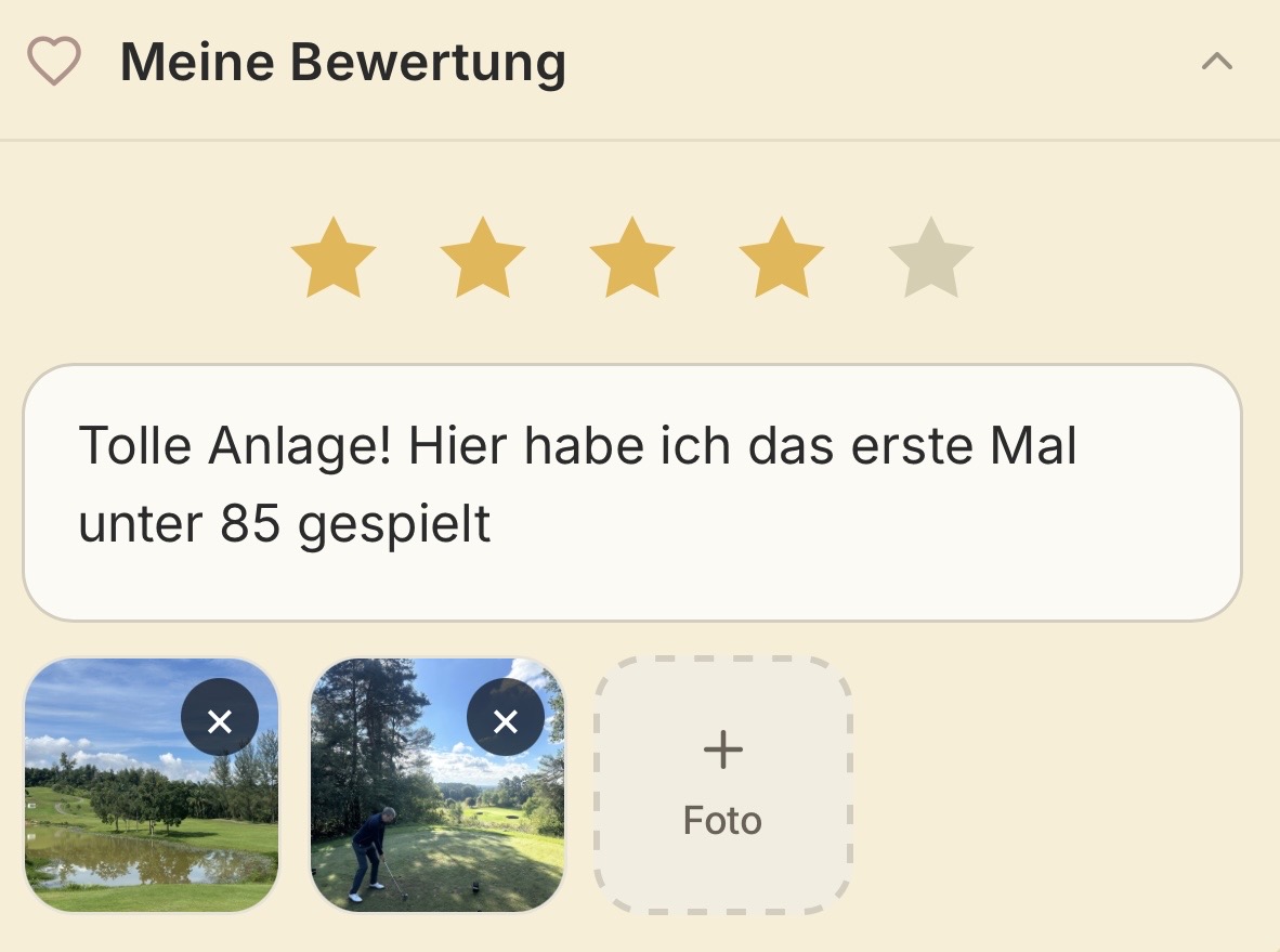 Bewertungs-Karte mit Sternen, Notiz und Fotos