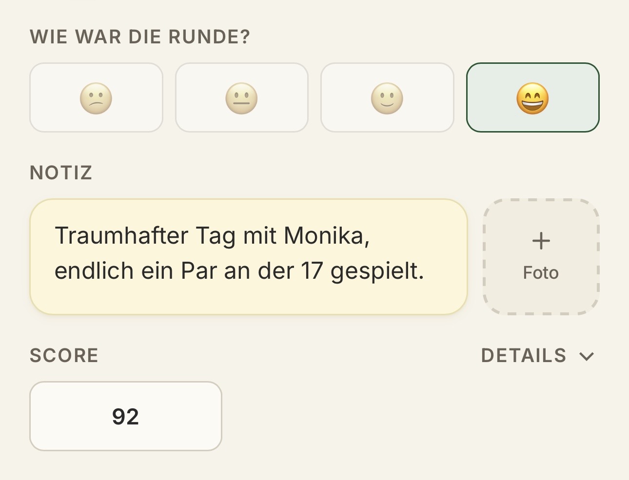 Runden-Eingabe mit Smileys, Notiz und Score
