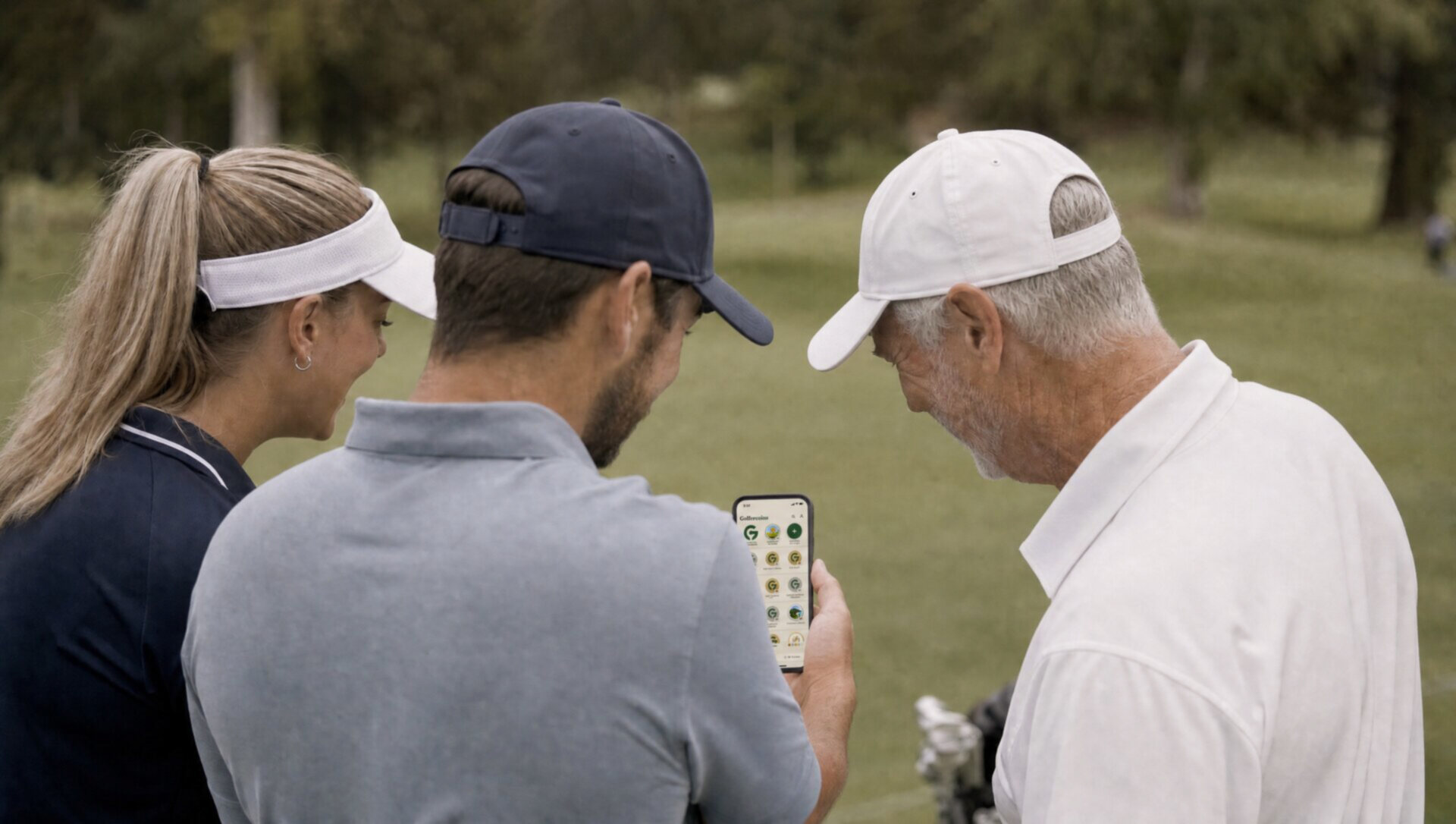 Drei Golfer schauen gemeinsam auf die Golfercoins-App