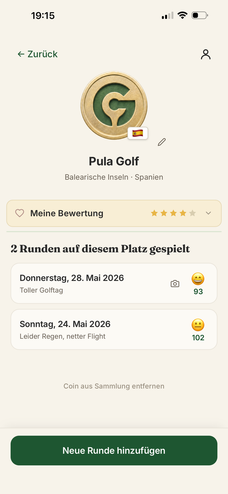 Coin-Detail mit Bewertung und gespielten Runden