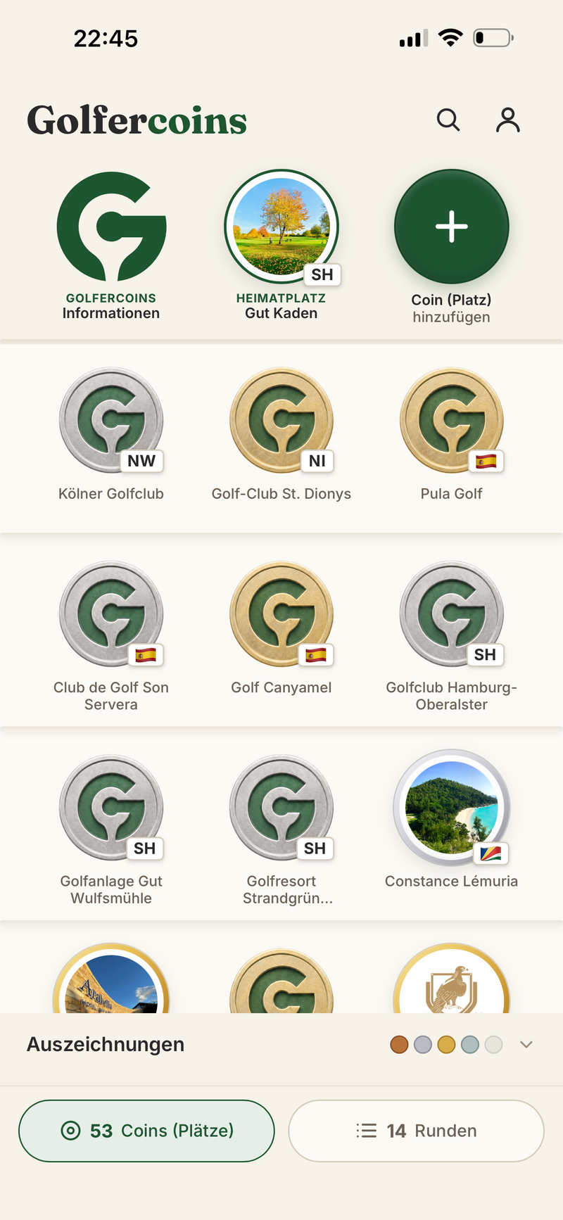Coin-Sammlung als Grid mit Silber- und Gold-Coins